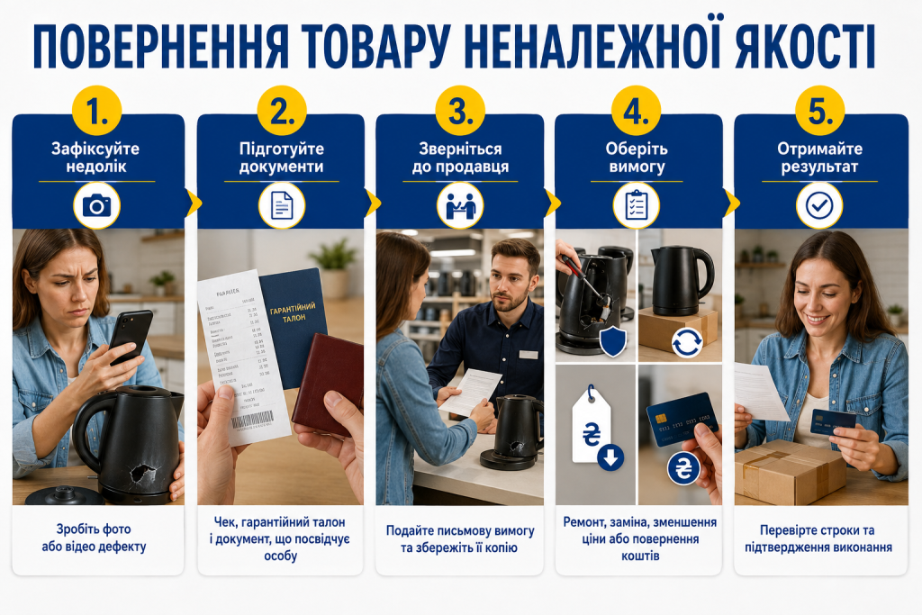 Інфографіка про повернення неякісного товару, підготовку документів, звернення до продавця та отримання компенсації