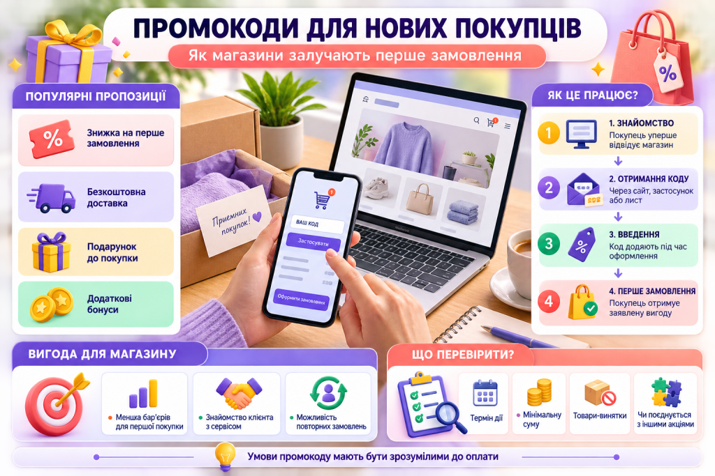 Інфографіка про промокоди для нових покупців, знижки на перше замовлення, безкоштовну доставку, подарунки та правила використання коду.