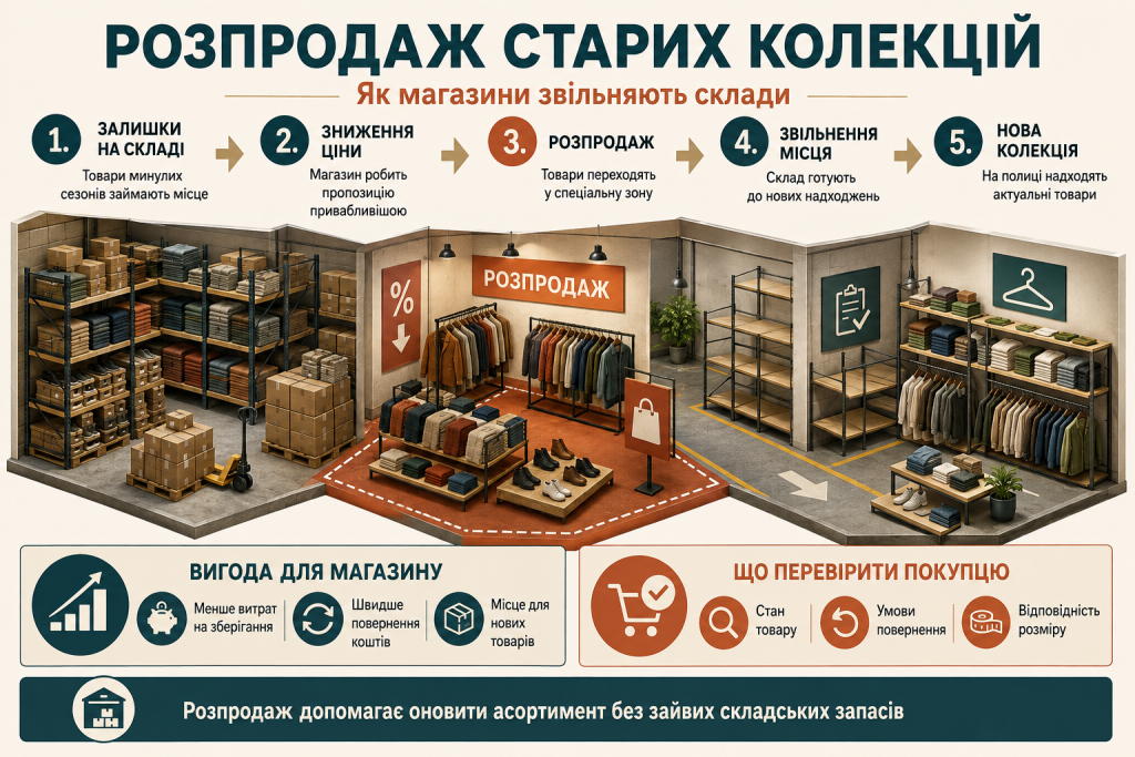Інфографіка про розпродаж старих колекцій одягу, зниження цін, звільнення складських площ та надходження нових товарів.