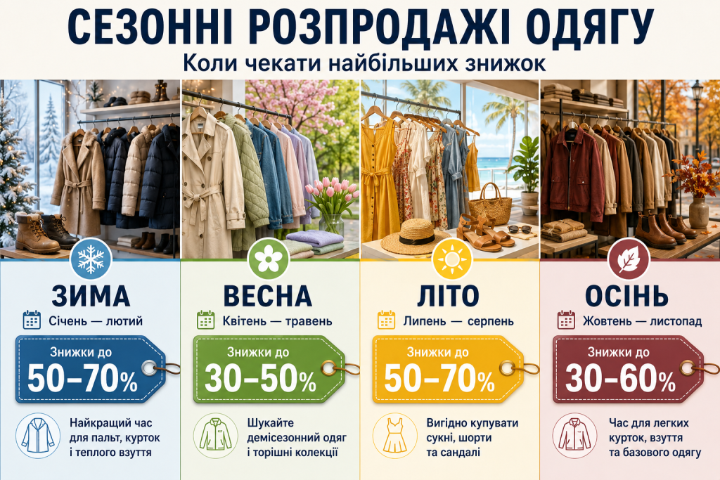 Інфографіка про сезонні розпродажі одягу взимку, навесні, влітку та восени
