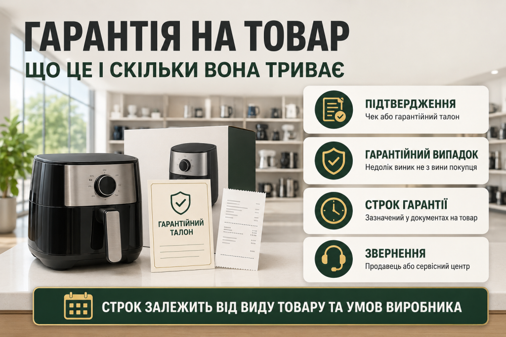Інфографіка про гарантію на товар, гарантійний випадок, строк дії, підтвердження покупки та звернення до сервісного центру