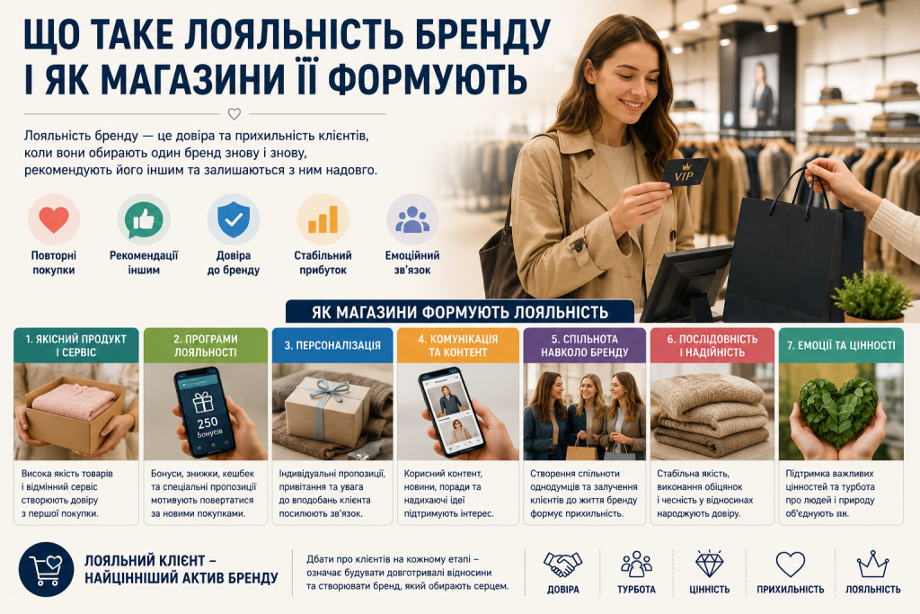 Інфографіка про лояльність до бренду, програми бонусів, персоналізацію, якість сервісу та емоційний зв’язок із клієнтом.