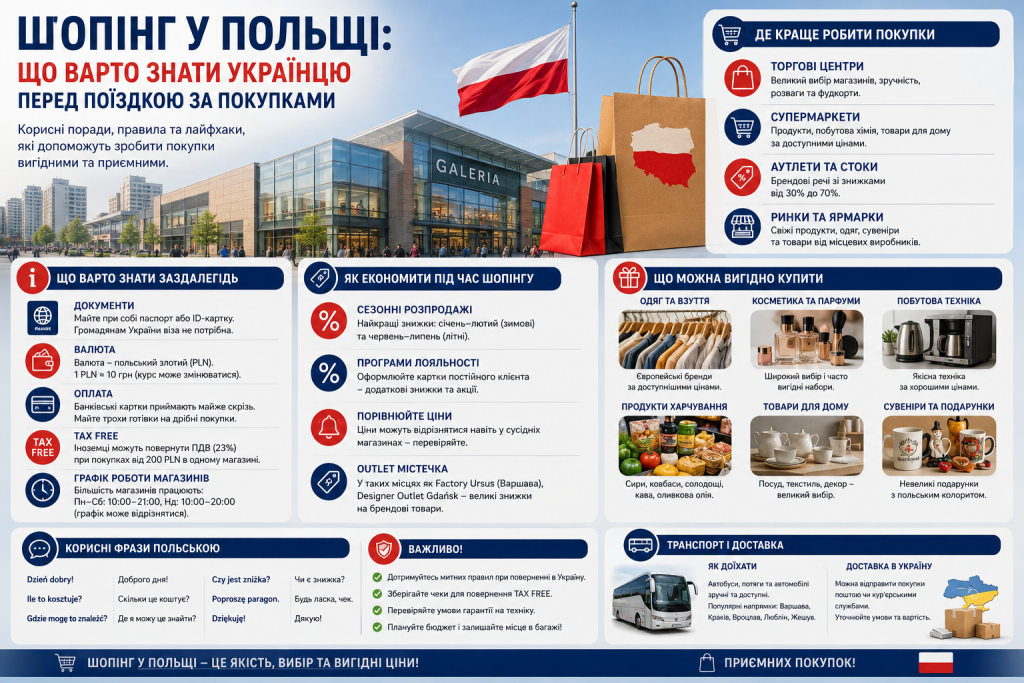 Інфографіка з порадами для українців про шопінг у Польщі, покупки, знижки, Tax Free та транспорт