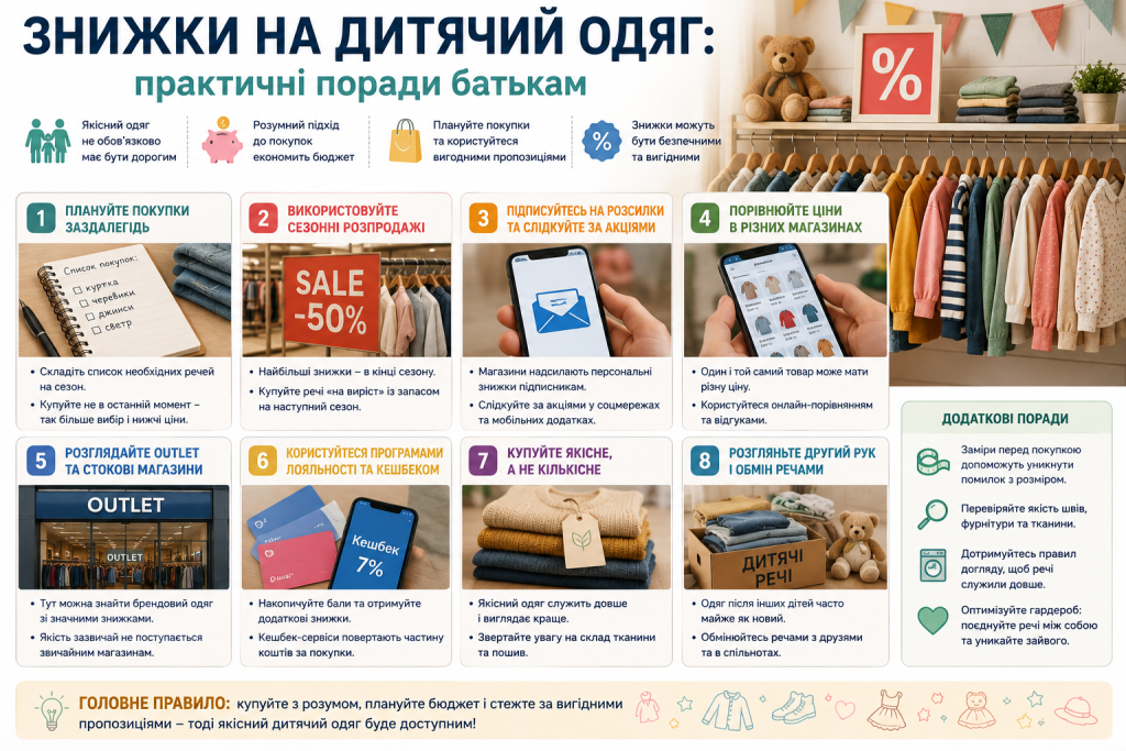 Інфографіка з порадами, як економити на дитячому одязі, користуватися розпродажами, кешбеком та програмами лояльності.