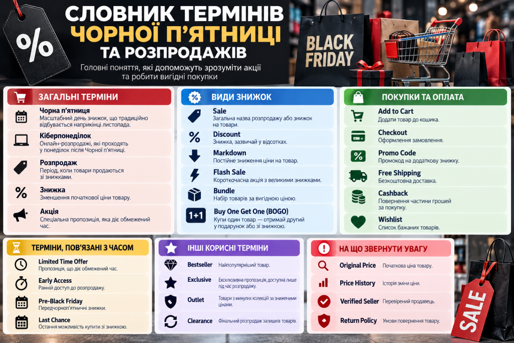 Інфографіка зі словником основних термінів Чорної п’ятниці, знижок, розпродажів, промокодів, кешбеку та онлайн-покупок.