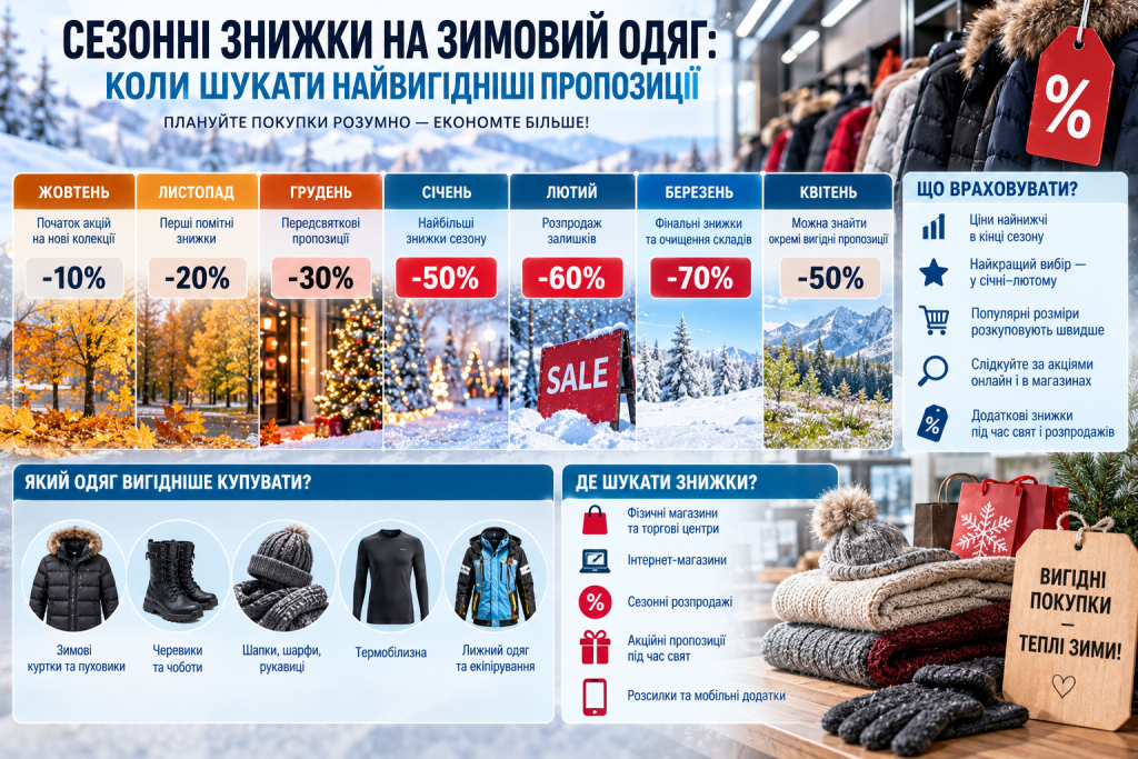 Інфографіка про сезонні знижки на зимовий одяг, найвигідніші місяці для покупок і способи пошуку акцій